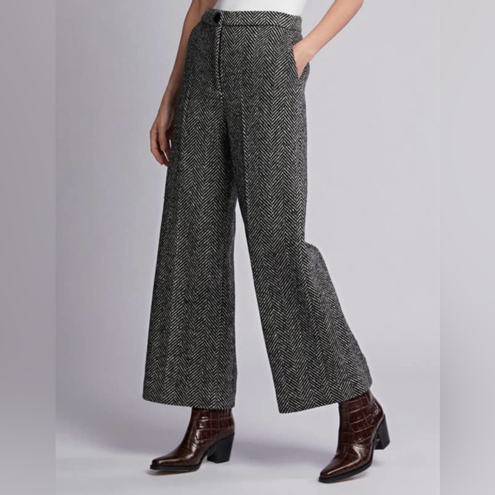Alexa Chung Herringbone Wool Wide Leg Trousers Size 6